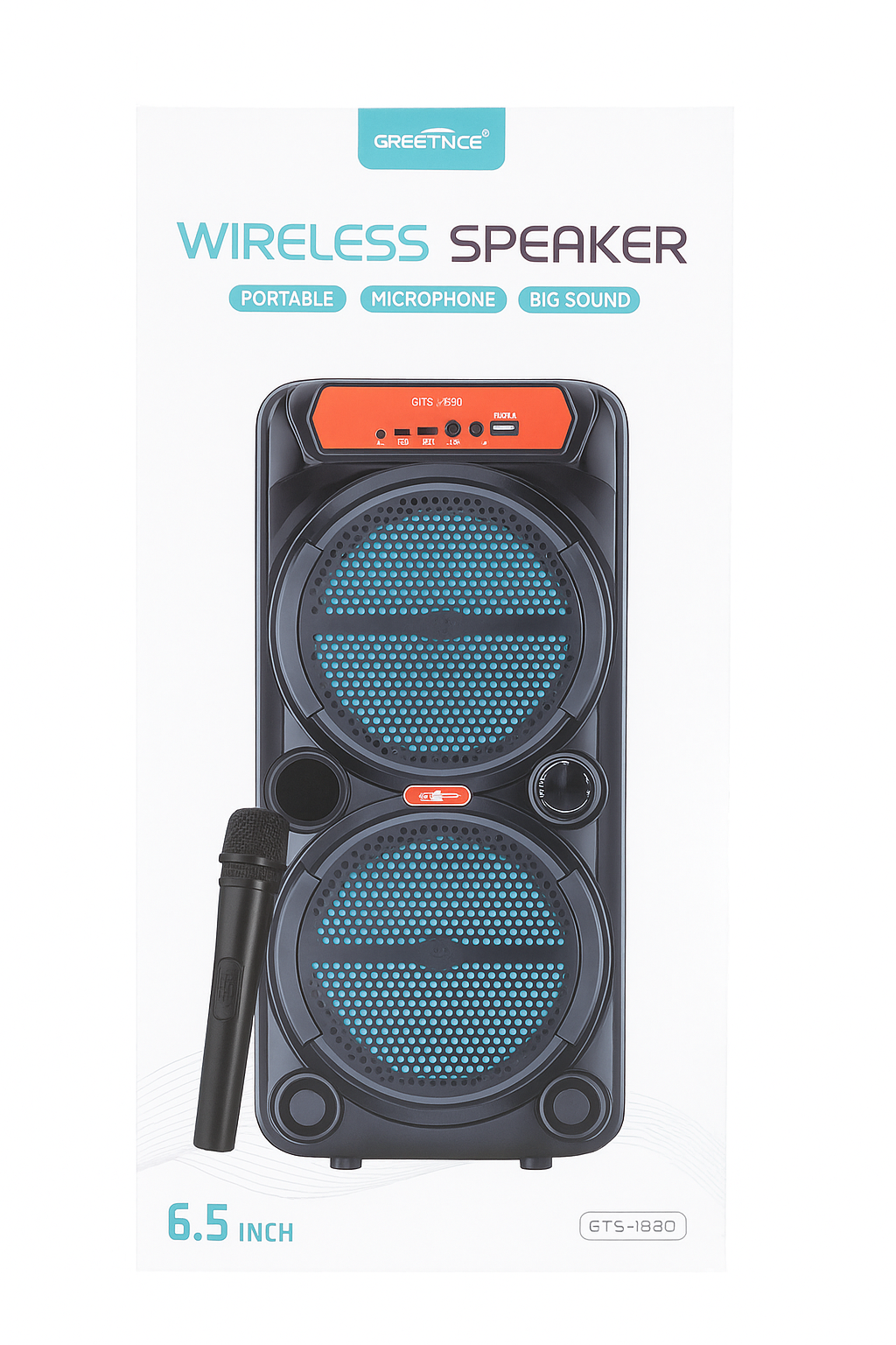Greatnice GTS-1880 6.5" Wireless Bluetooth Speaker with Microphone – Portable High-Bass Sound System | USB/FM/AUX Support & LED Display