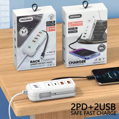 Rack Charger Power Socket – 2PD + 2USB Multi-Port Fast Charging Hub with Smart Protection