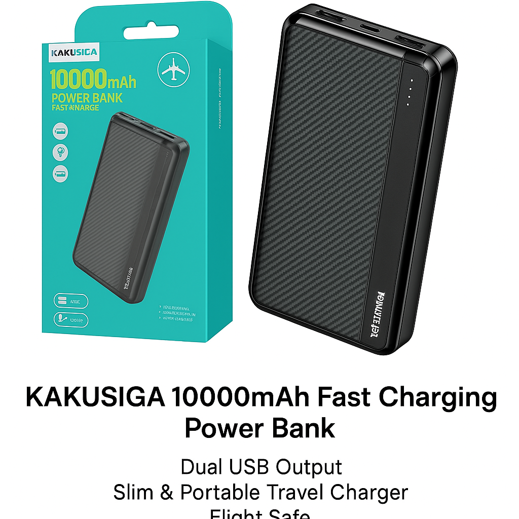 KAKUSIGA 10000mAh Fast Charging Power Bank – Dual USB Output | Slim & Portable Travel Charger | Flight Safe