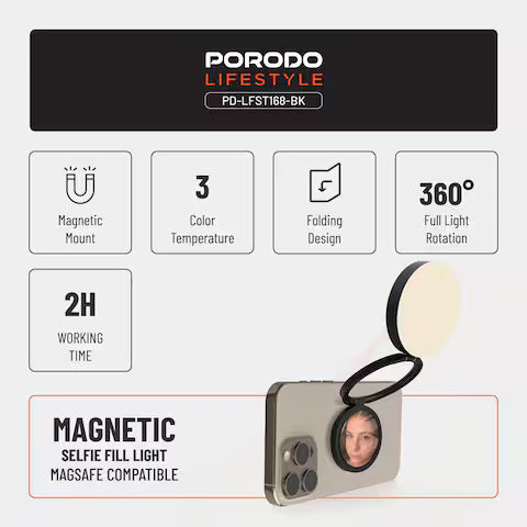 Porodo Magnetic Selfie Fill Light – Magsafe Compatible, 360° Rotation, 2H Rechargeable LED Ring Light