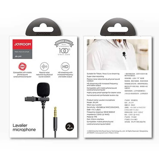 Joyroom JR-LM1 Clip-On Lavalier Mic – 3.5mm Wired Lapel Microphone for Phone, Camera, Laptop (2m Cable)