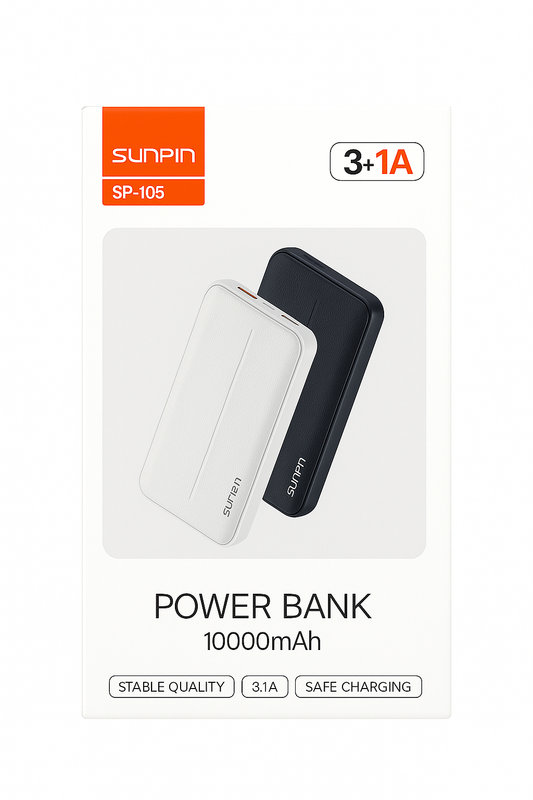 SUNPIN SP-105 10000mAh Power Bank | 3.1A Fast Charging | Dual USB Output | Travel-Friendly Design