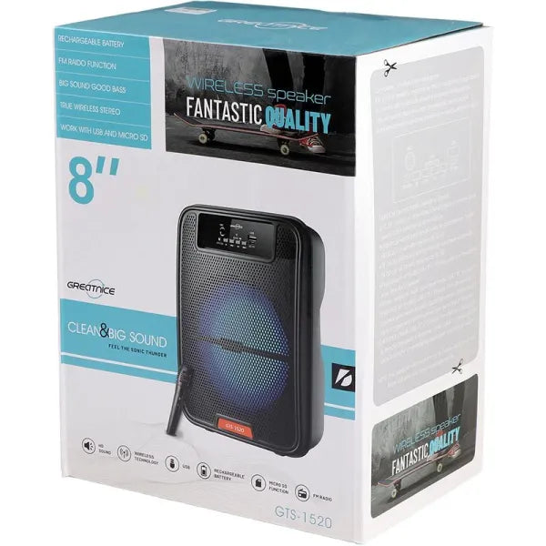 GRECITNICE GTS-1580 8” Wireless Bluetooth Speaker with Microphone – Portable Rechargeable Sound System with LED Lights, USB/FM/AUX Support