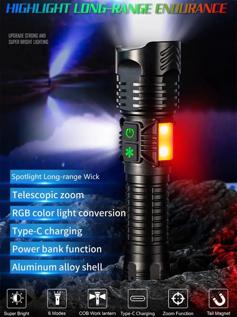 Telescopic Zoom LED Flashlight – Power Bank & Camping Lantern