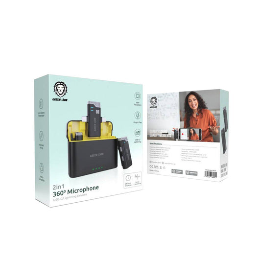 Green Lion 2-in-1 Wireless Mic – USB-C & Lightning Microphone for iPhone & Android | 360° Recording