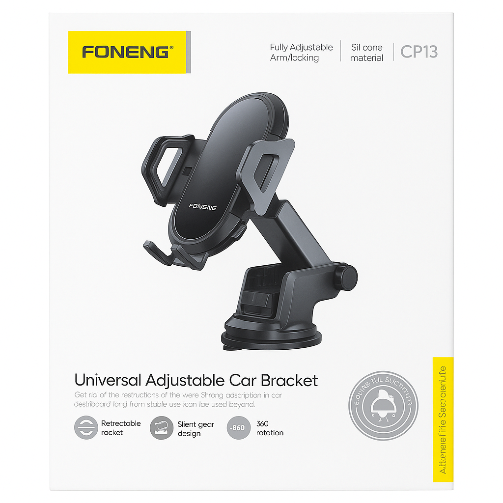 Foneng CP13 Universal Adjustable Car Phone Holder | 360° Rotation | Strong Suction Cup | Dashboard & Windshield Mount