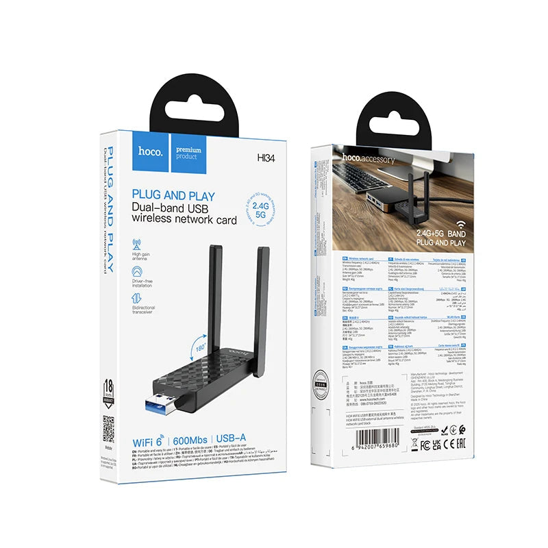Hoco HI34 – Dual-Band WiFi6 USB Network Card (2.4GHz & 5GHz, 286Mbps)