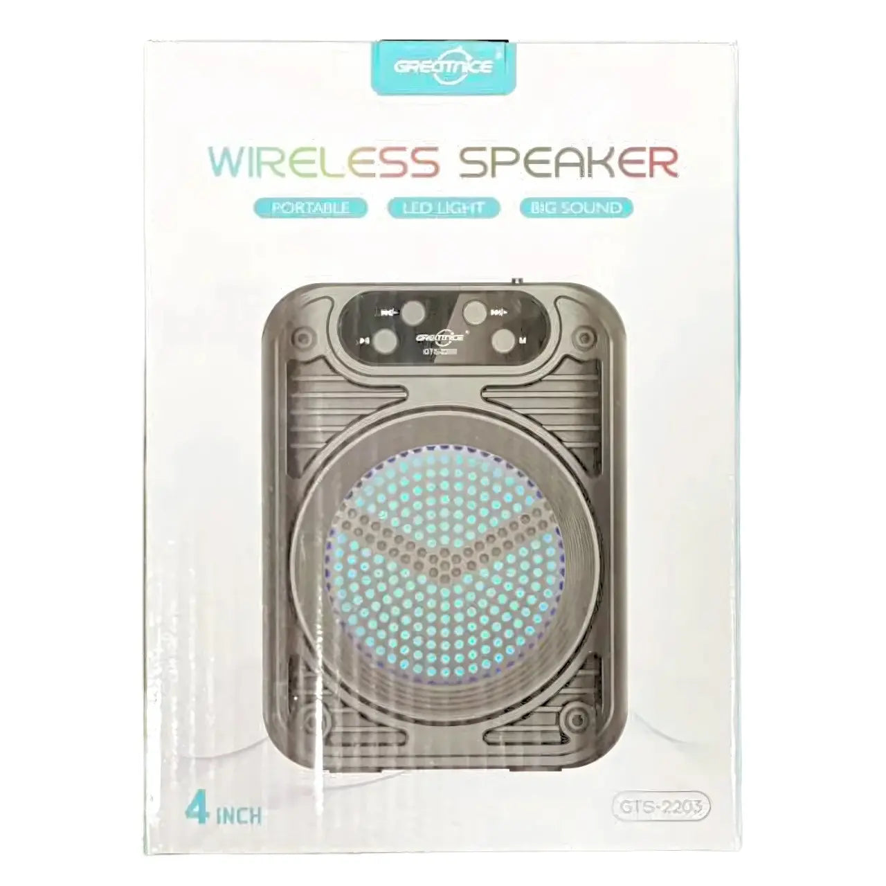 GRECITNICE GTS-2203 4” Wireless Bluetooth Speaker with LED Light – Compact Portable Sound System with USB/FM/AUX Support for Everyday Use