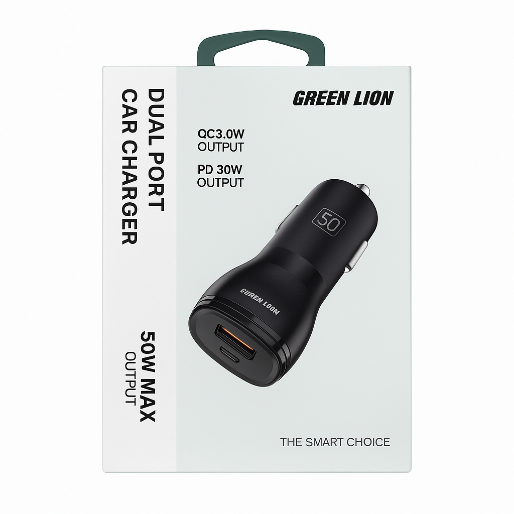 Green Lion Dual Port Car Charger 50W (with C to C / C to L Cable) - Black