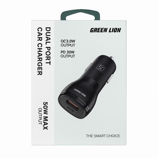 Green Lion Dual Port Car Charger 50W (with C to C / C to L Cable) - Black