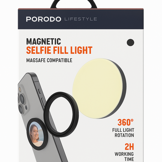 Porodo Magnetic Selfie Fill Light – Magsafe Compatible, 360° Rotation, 2H Rechargeable LED Ring Light