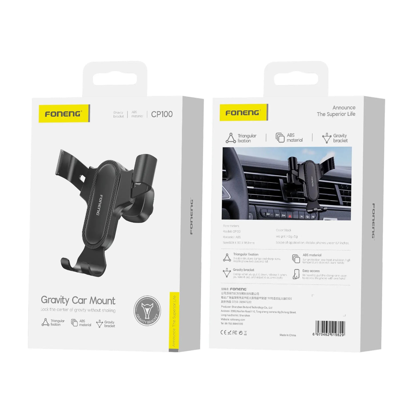 FONENG CP100 Gravity Car Mount – Air Vent Phone Holder with Triangular Fixation & ABS Body for 4–6.5" Smartphones