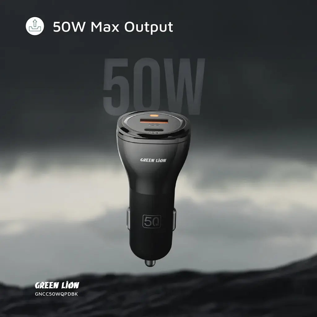 Green Lion Dual Port Car Charger 50W (with C to C / C to L Cable) - Black