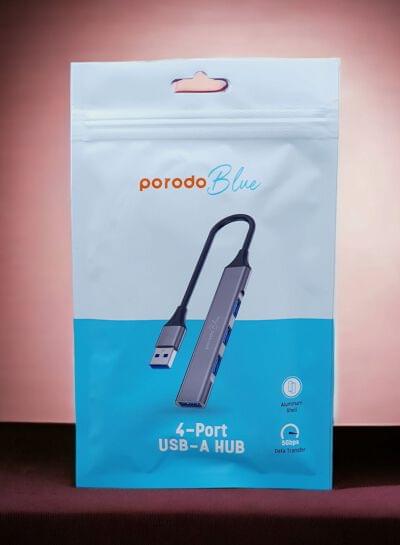 Porodo Blue 4-Port USB-A Hub – Ultra-Slim High-Speed Data Splitter for Laptops & PCs