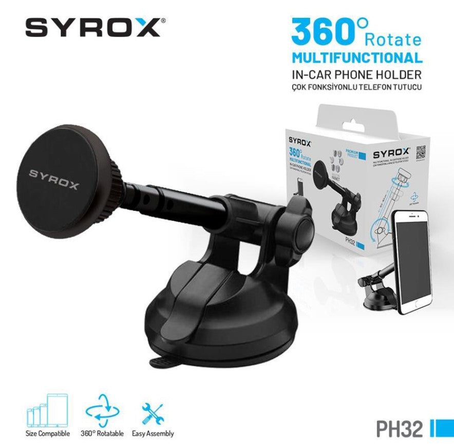 Syrox PH32 Magnetic Car Phone Holder – 360° Rotating Mount with 6 Built-in Magnets & Suction Base