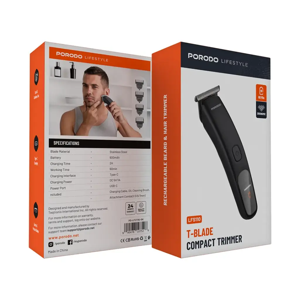 Porodo T-Blade Compact Trimmer – Long-Lasting Beard & Hair Groomer with 8H Battery Life