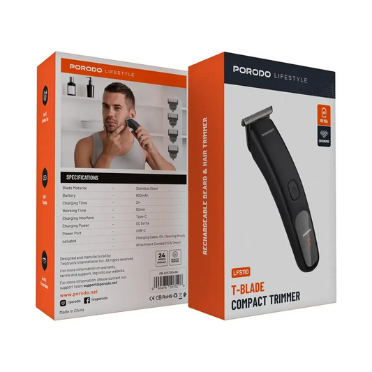 Porodo T-Blade Compact Trimmer – Long-Lasting Beard & Hair Groomer with 8H Battery Life