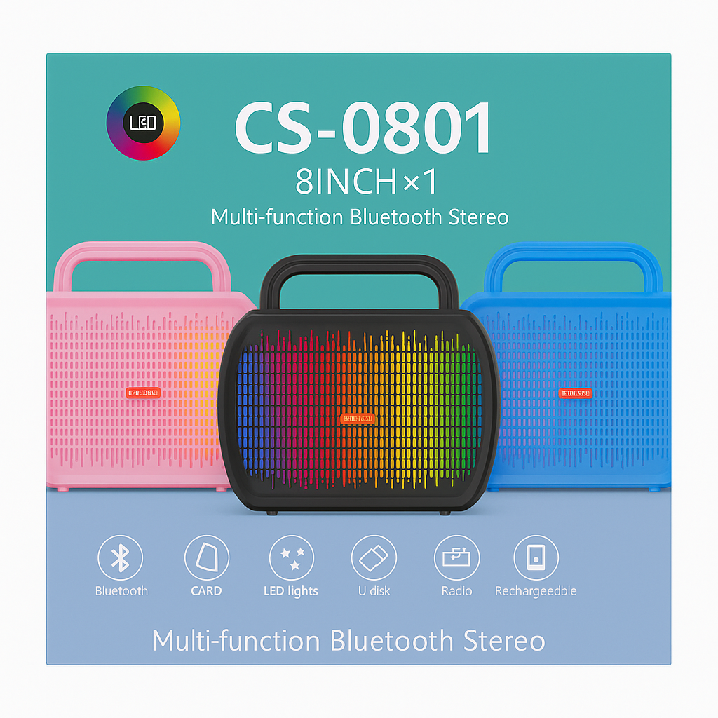 Multifunctional Bluetooth stereo with colorful LED lights on a blue and green background