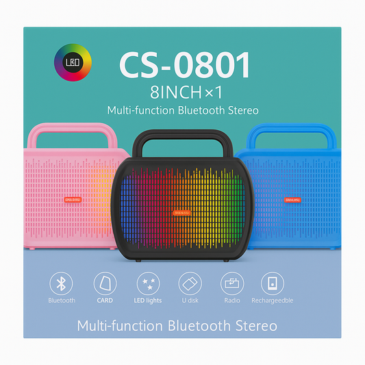 Multifunctional Bluetooth stereo with colorful LED lights on a blue and green background