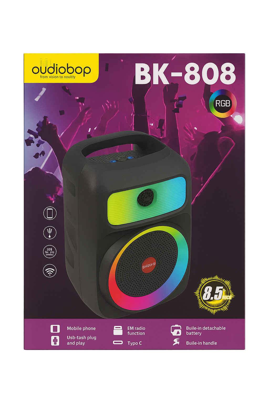 Audiobop BK-808 8.5" Portable Bluetooth Speaker with RGB Lights & FM Radio