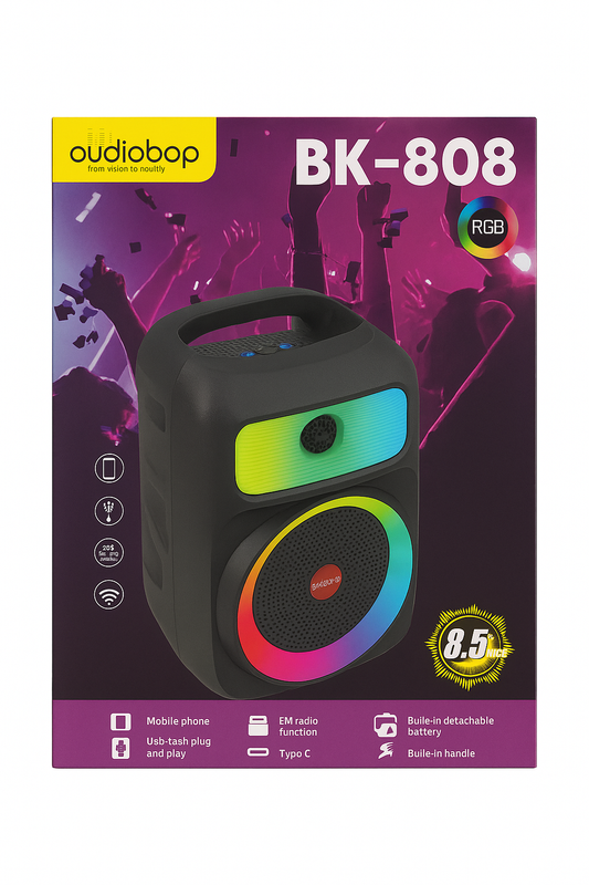 Audiobop BK-808 8.5" Portable Bluetooth Speaker with RGB Lights & FM Radio
